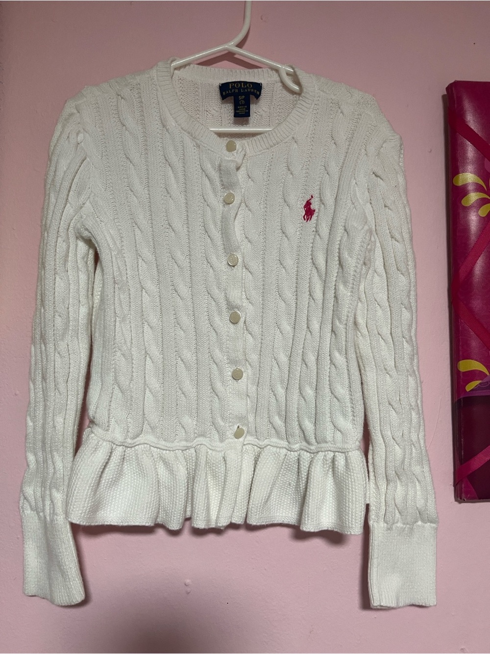 Polo by Ralph Lauren Cream Cable-Knit Peplum Cardigan with Pink Pony